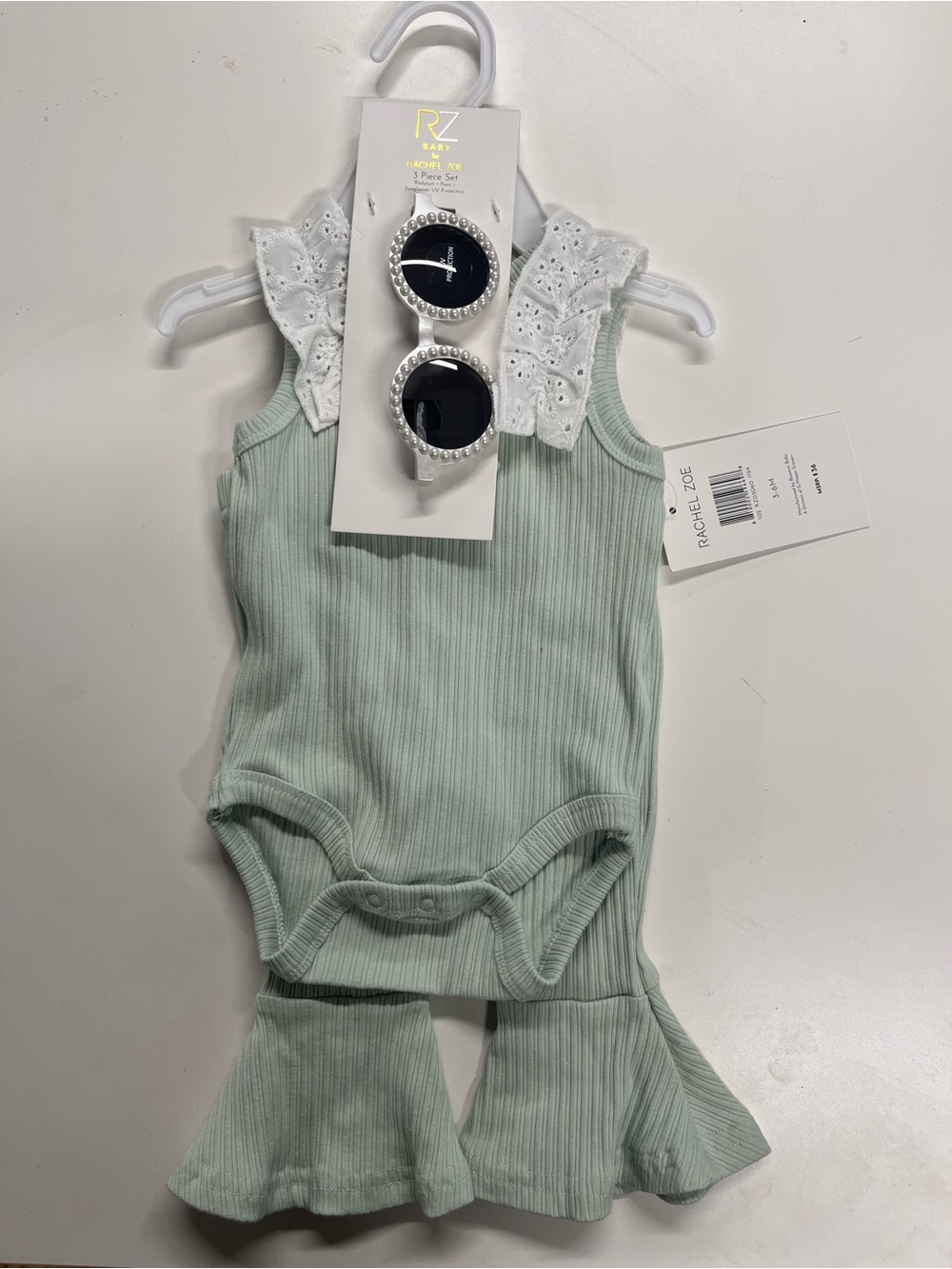 Rachel Zoe Mint Ribbed Ruffle Baby One-Piece with Sunglasses